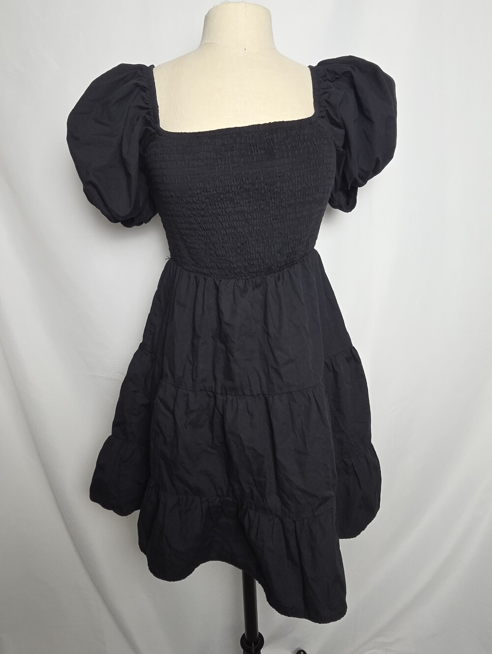 Black Cotton Smocked Puff Sleeve Dress